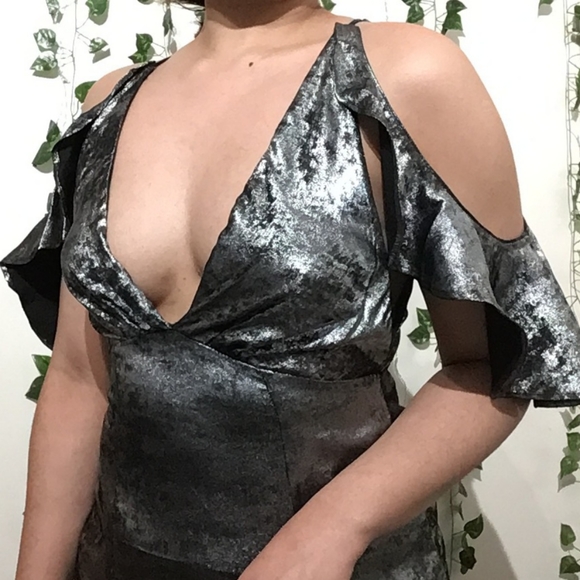 Silver Floor Length Gown with Deep V | Ruffled Sleeves | Side Slits - Picture 6 of 6